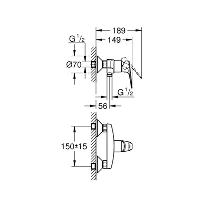 GROHE BauFlow Single Lever Shower Mixer 23632000 dimensions