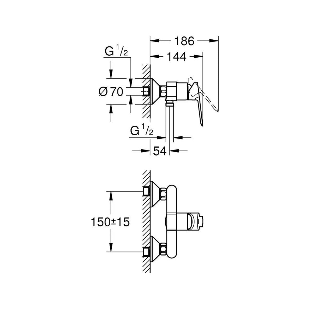 GROHE BauEdge Single Lever Shower Mixer 23636000 dimensions