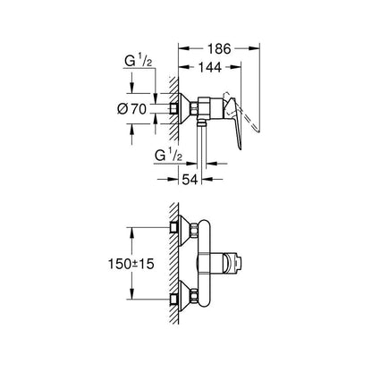 GROHE BauEdge Single Lever Shower Mixer 23636000 dimensions