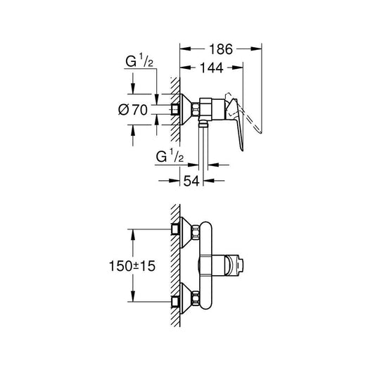 GROHE BauEdge Single Lever Shower Mixer 23636000 dimensions
