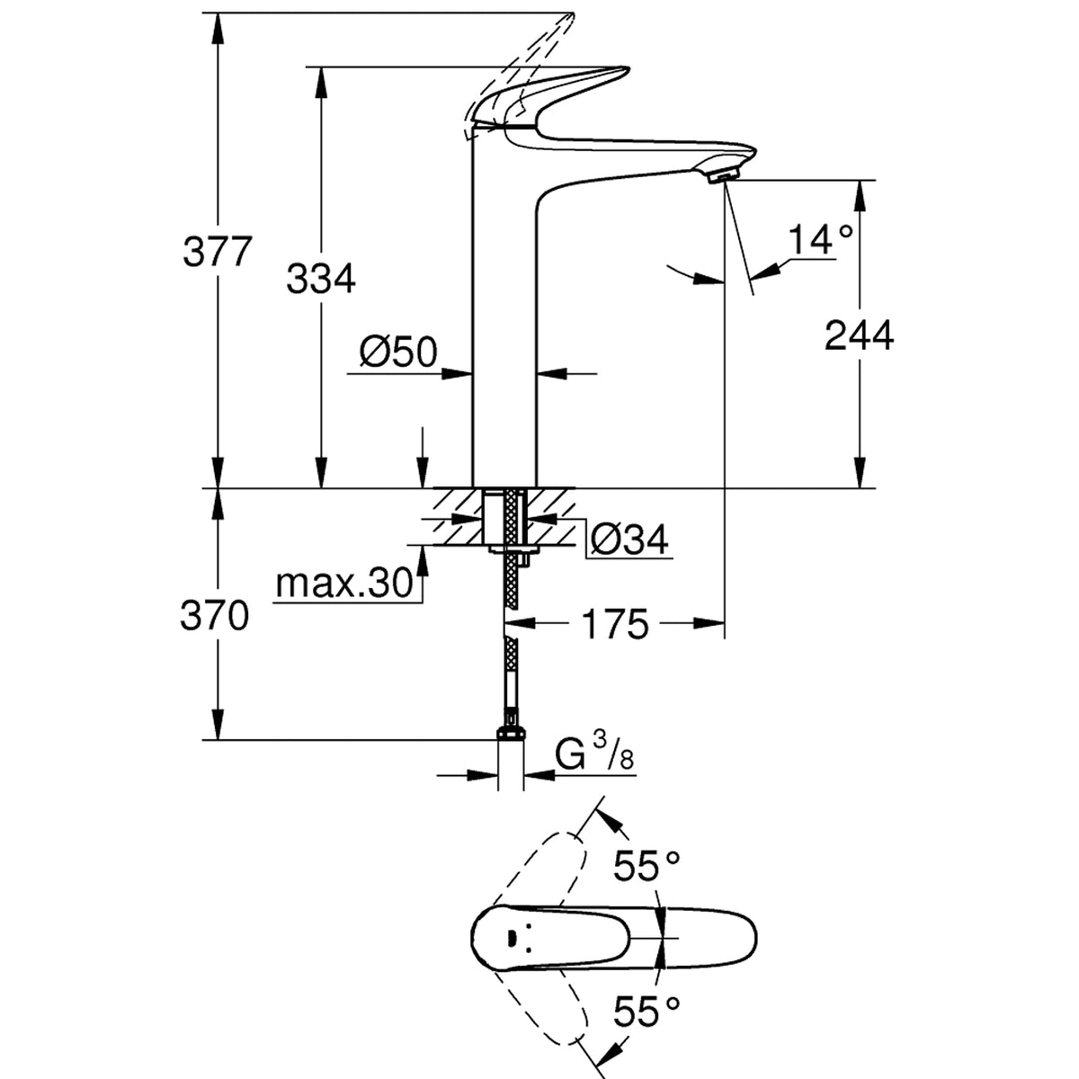GROHE Eurostyle Single Lever Basin Mixer XL-Size 23719003 dimensions