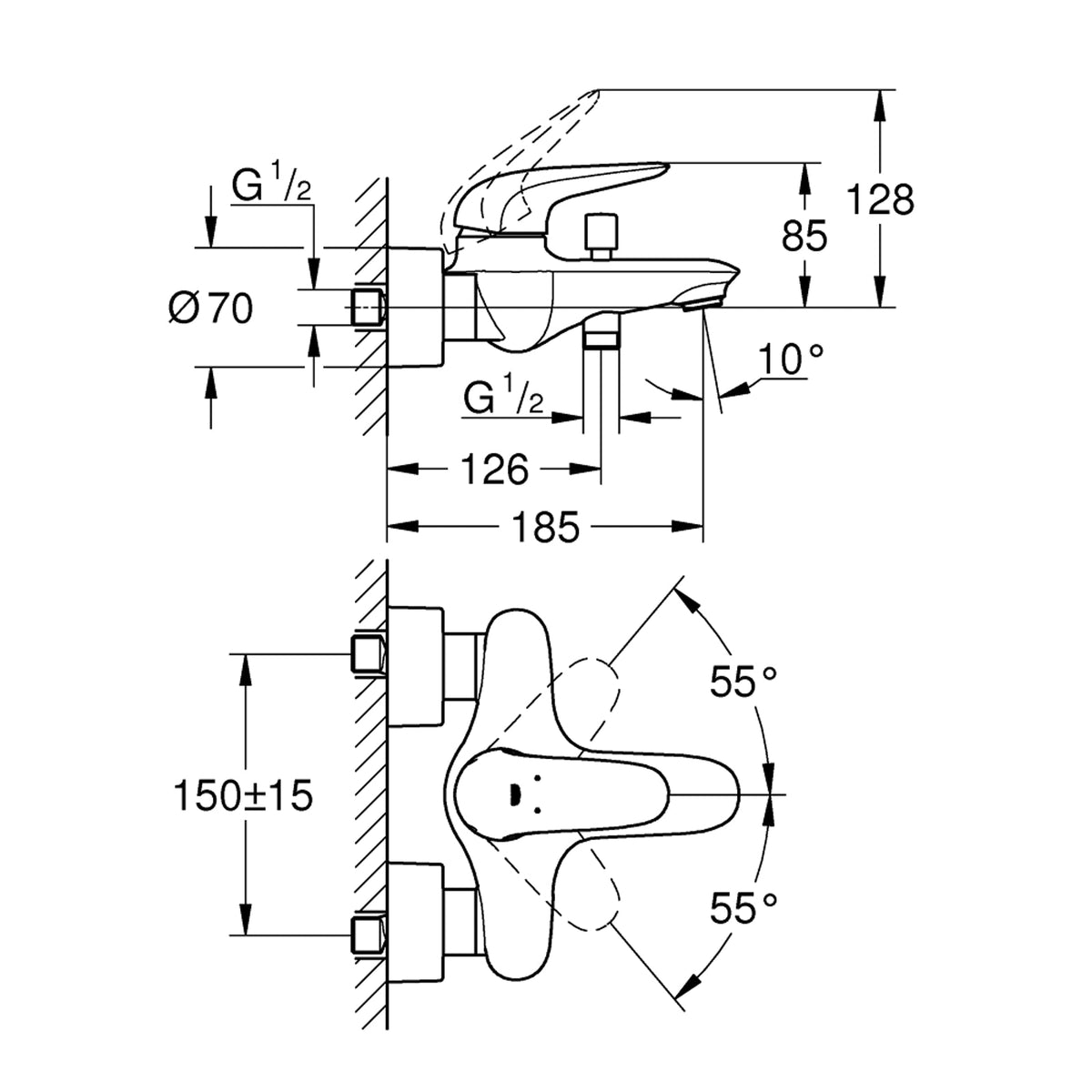 GROHE Eurostyle Single Lever Bath and Shower Mixer 23726003 dimensions