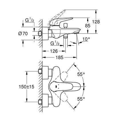 GROHE Eurostyle Single Lever Bath and Shower Mixer 23726003 dimensions