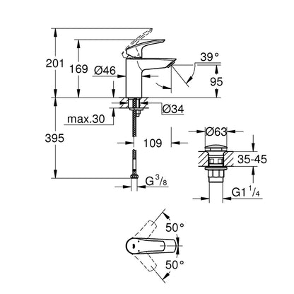 GROHE Eurosmart Single Lever Basin Mixer S-Size 23922003 dimensions
