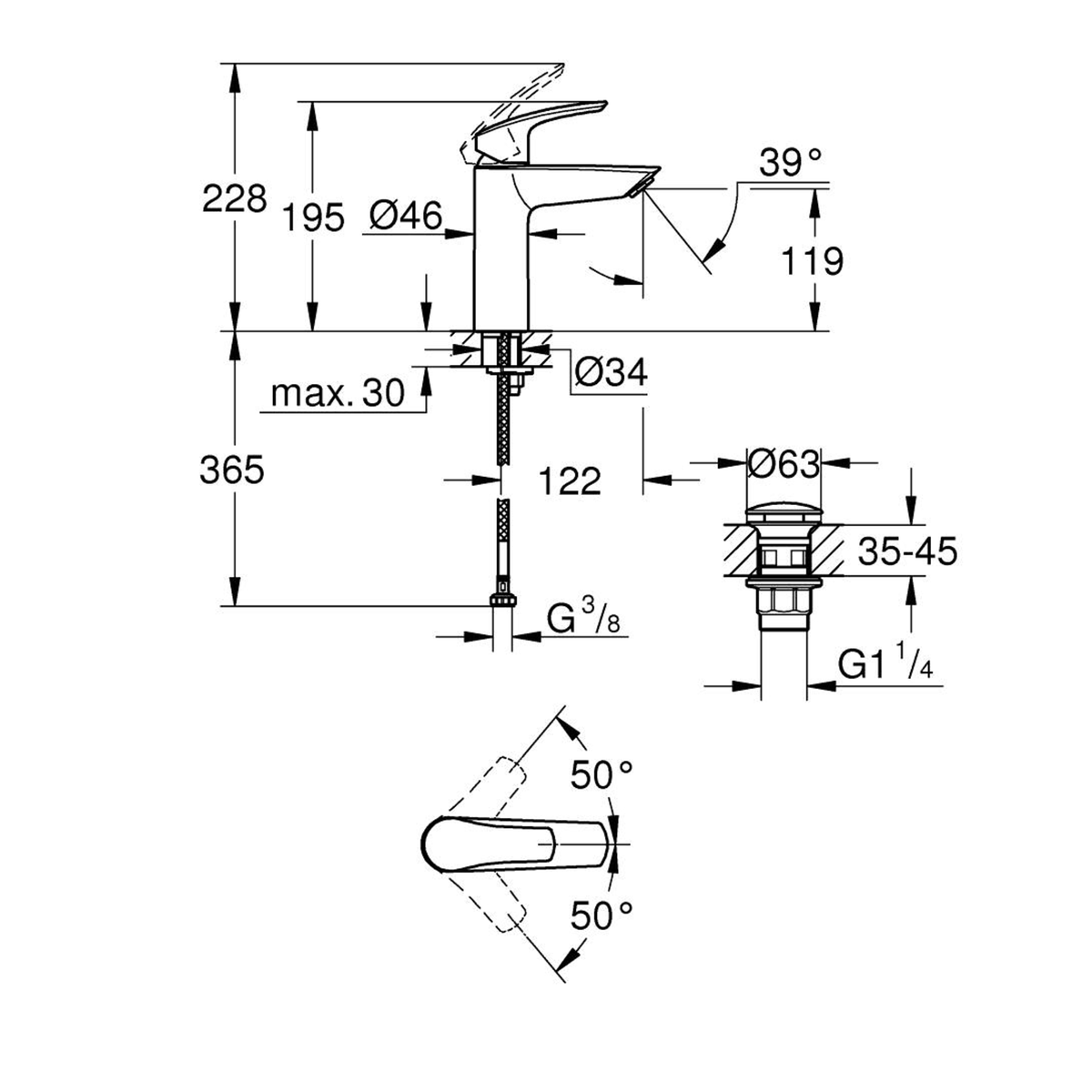 GROHE Eurosmart Single Lever Basin Mixer M-Size 23923003 dimensions