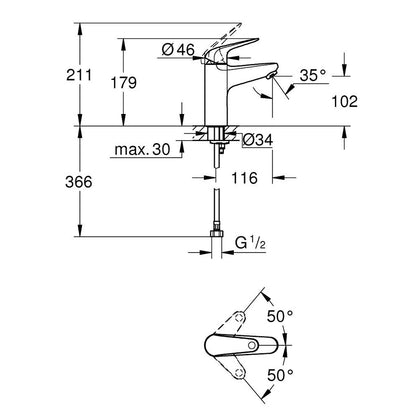 GROHE Euroeco Single Lever Basin Mixer M-Size 24287001 dimensions