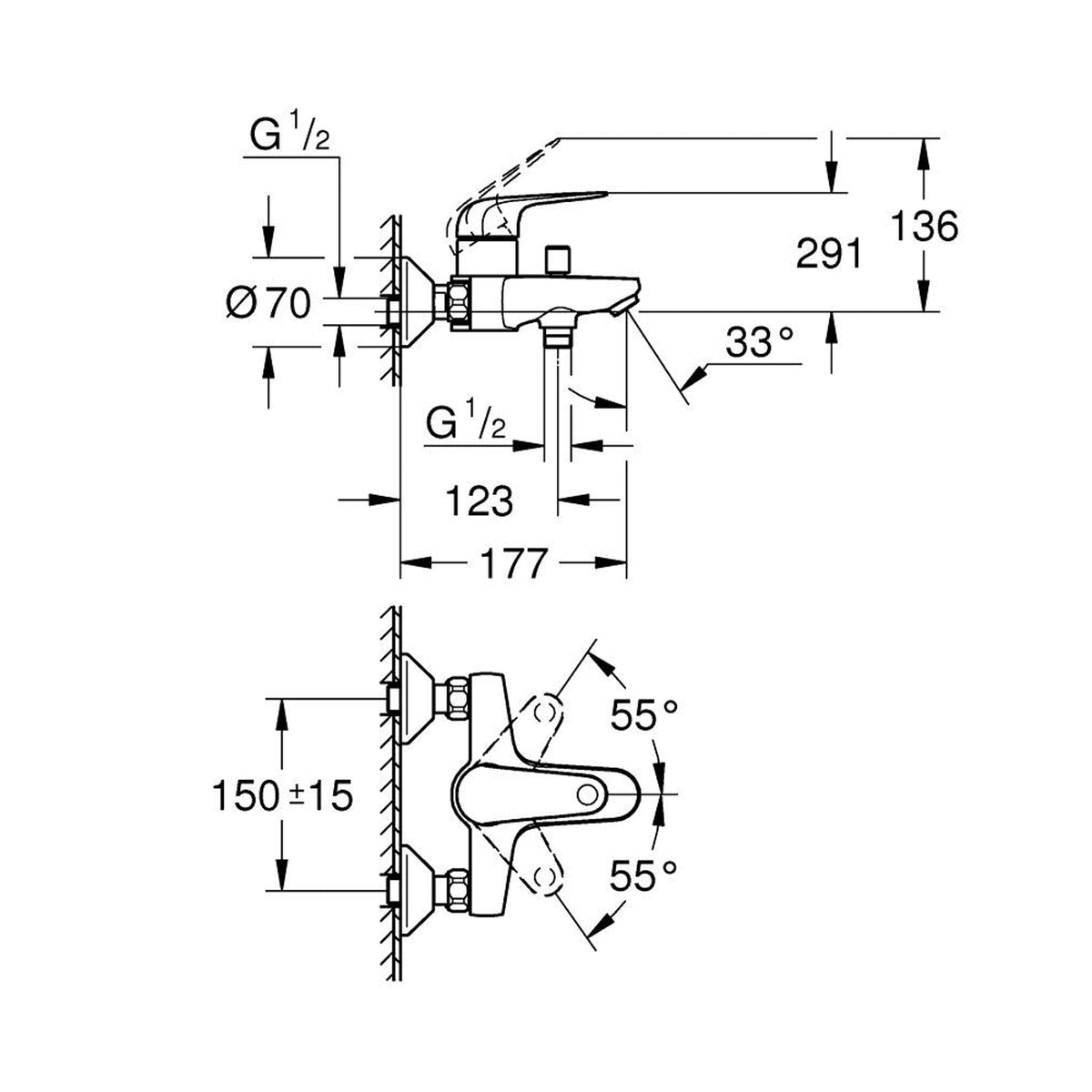 GROHE Euroeco Single Lever Bath and Shower Mixer 24293001 dimensions