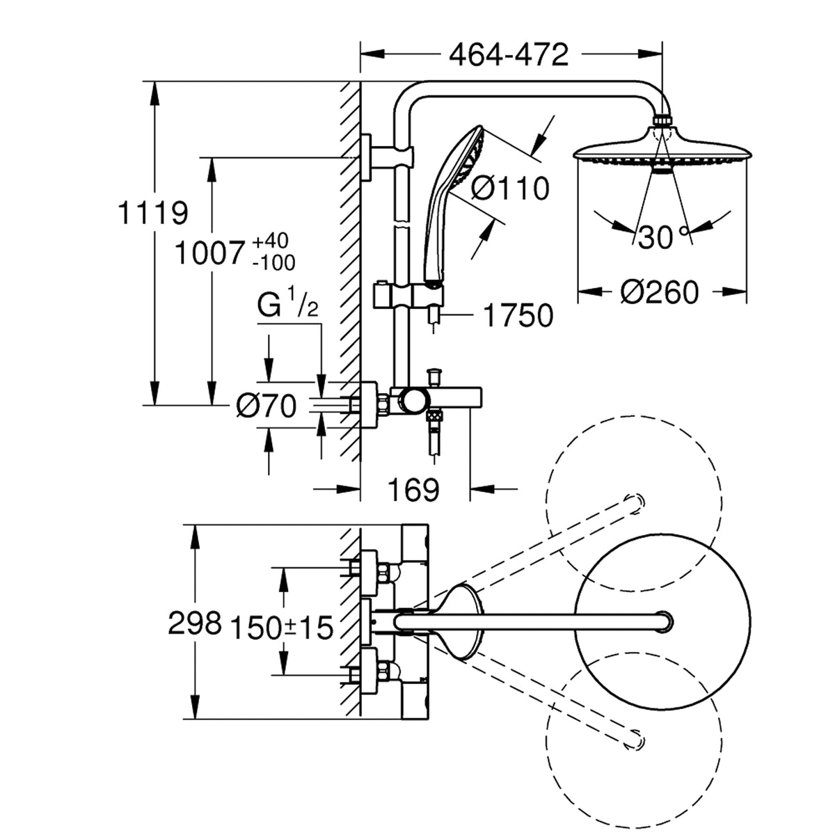 GROHE Euphoria System 260 Shower System with Bath Thermostat 26114002 dimensions