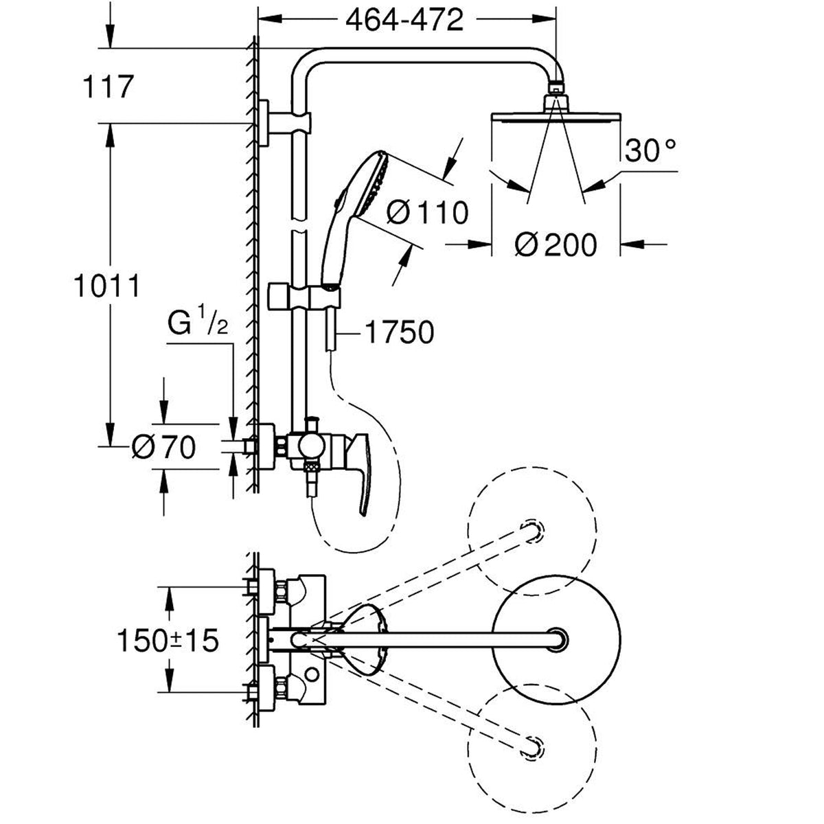 GROHE Tempesta System 200 Shower System with Single Lever Mixer 26244002 dimensions