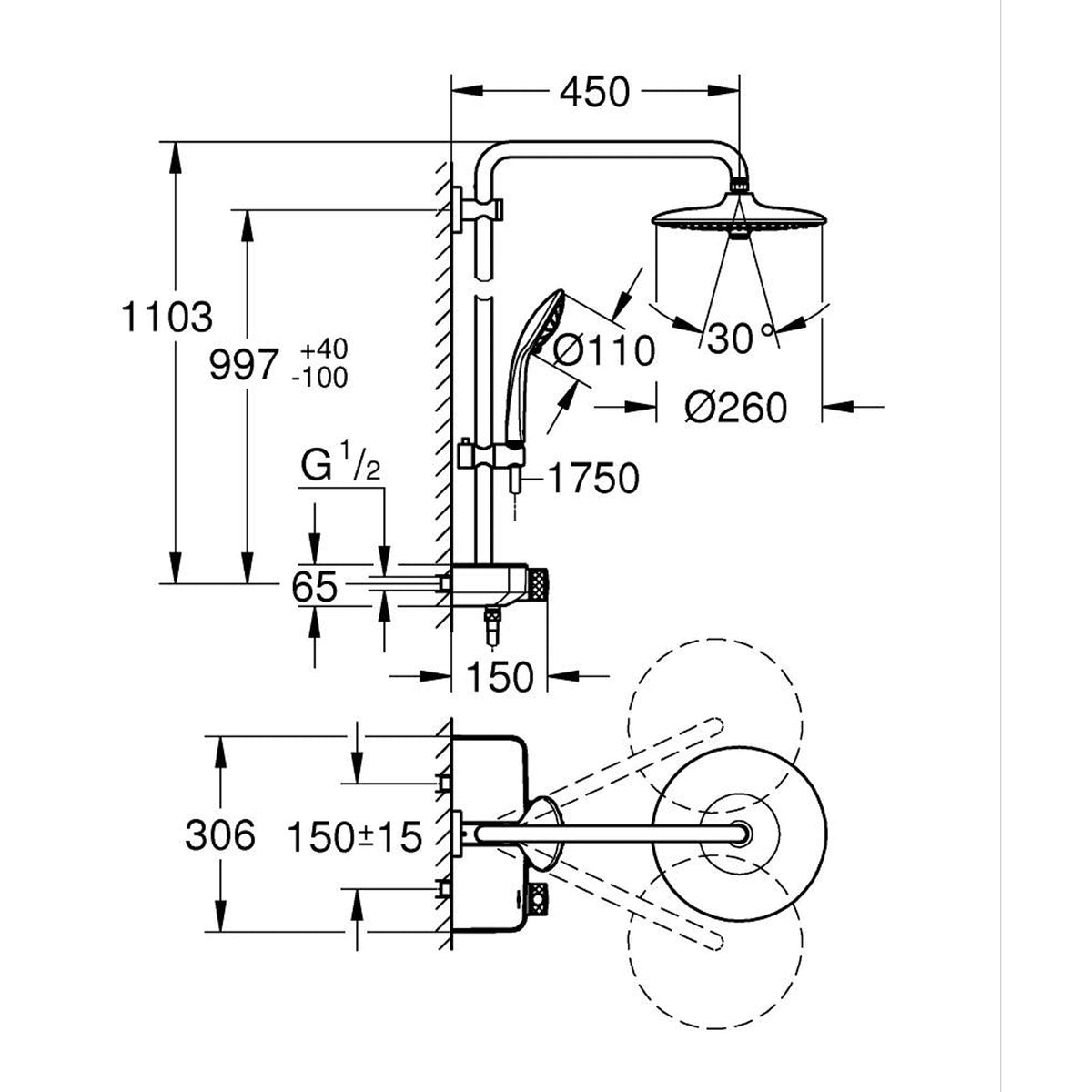 GROHE Euphoria SmartControl System 260 Shower System with Thermostat 26509000 dimensions