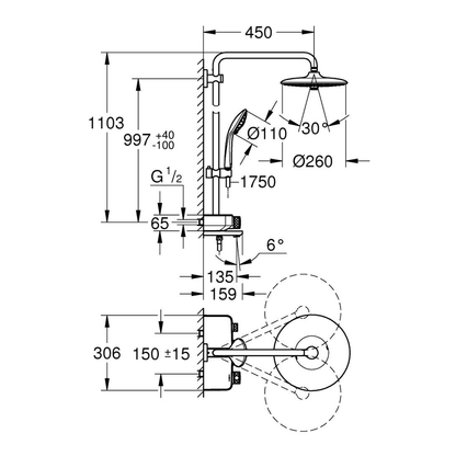 GROHE Euphoria SmartControl System 260 Shower System with Bath Thermostat 26608000 dimensions