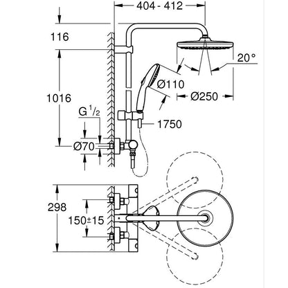 GROHE Tempesta System 250 Shower System with Thermostat 26670001 dimensions