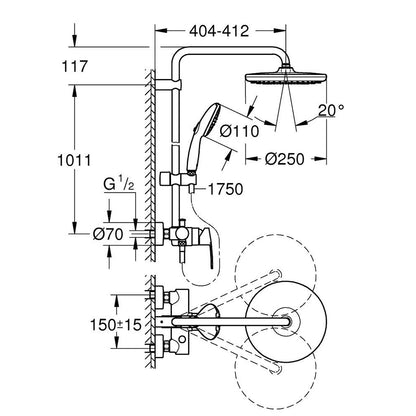 GROHE Tempesta System 250 Shower System with Single Lever Mixer 26673001 dimensions