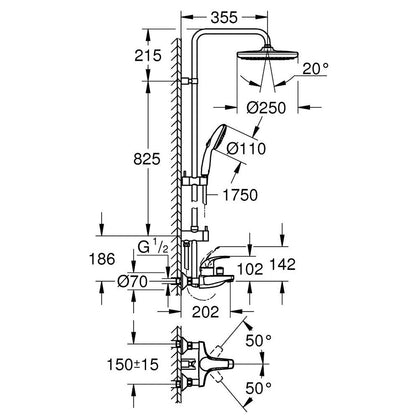 GROHE Tempesta System 250 Shower System with Single Lever Bath Mixer 26674001 dimensions