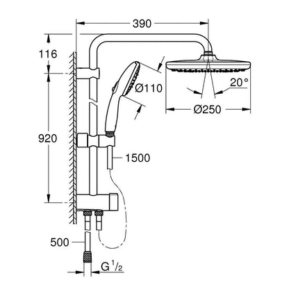GROHE Tempesta System 250 Flex Shower System with Diverter 26675001 dimensions