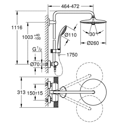 GROHE Euphoria System 260 Shower System with Thermostatic Mixer 27296003 dimensions