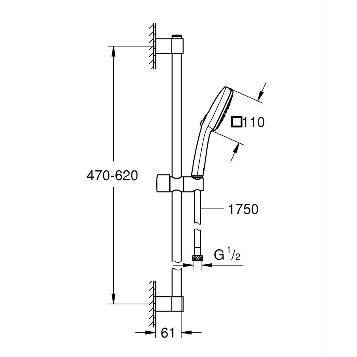 GROHE Tempesta Cube 110 Shower Rail Set 27579003 dimensions