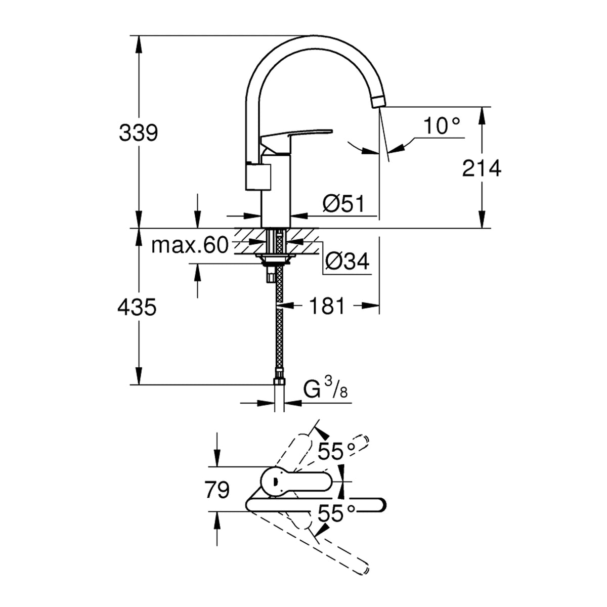 GROHE Eurostyle Cosmopolitan Single Lever Sink Mixer 30221002 dimensions
