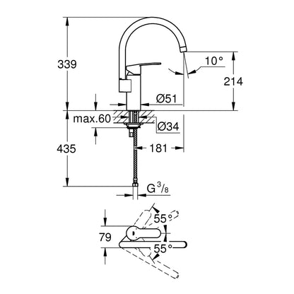 GROHE Eurostyle Cosmopolitan Single Lever Sink Mixer 30221002 dimensions
