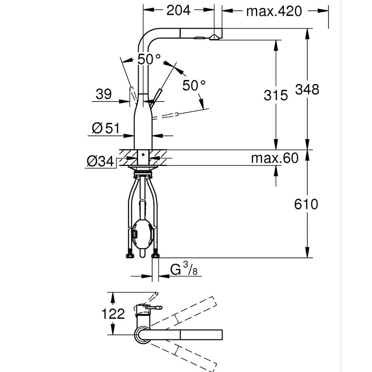 GROHE Essence Single Lever Sink Mixer 30270000 dimensions