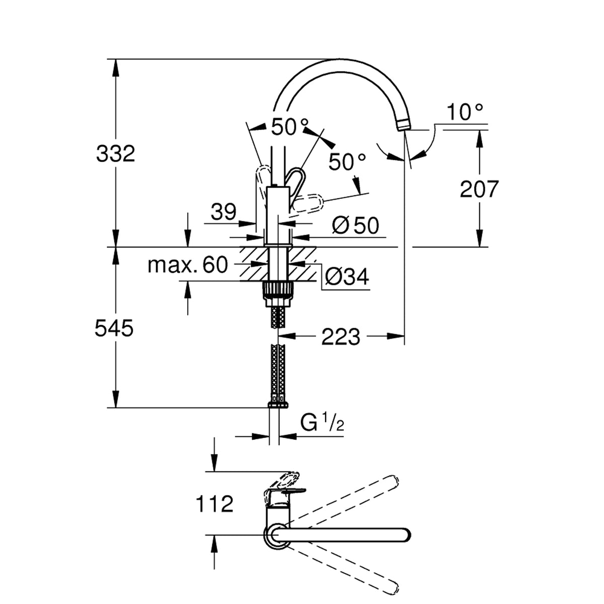 GROHE BauFlow Single Lever Sink Mixer 31230001 dimensions