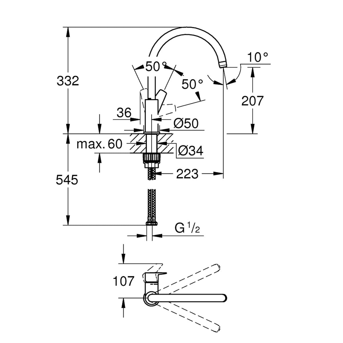 GROHE BauEdge Single Lever Sink Mixer 31233001 dimensions
