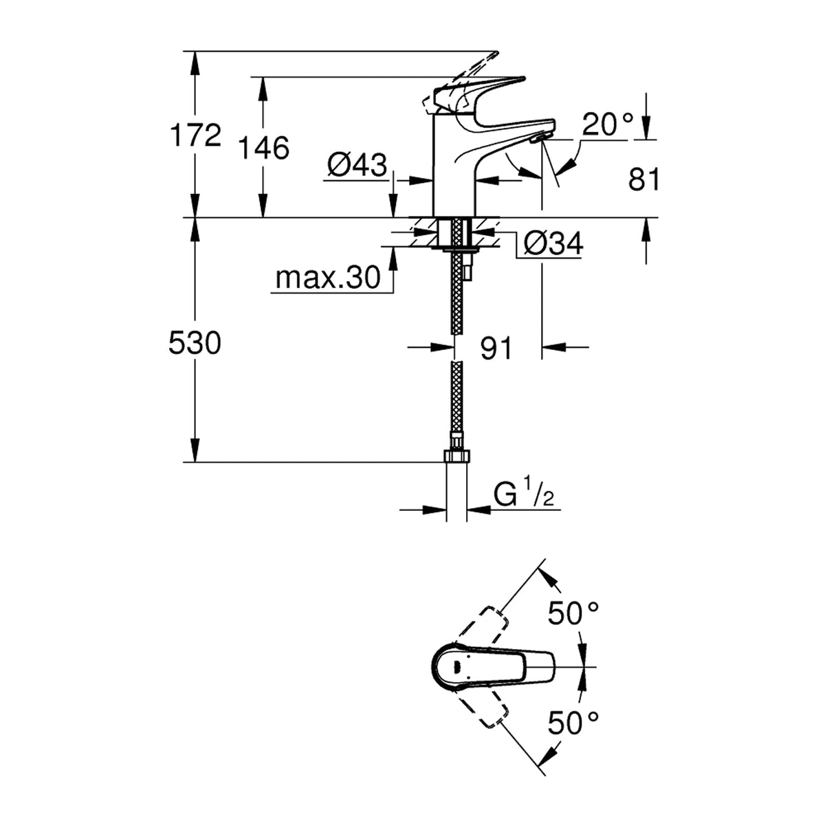GROHE BauFlow Single Lever Basin Mixer 32851000 dimensions