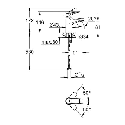 GROHE BauFlow Single Lever Basin Mixer 32851000 dimensions