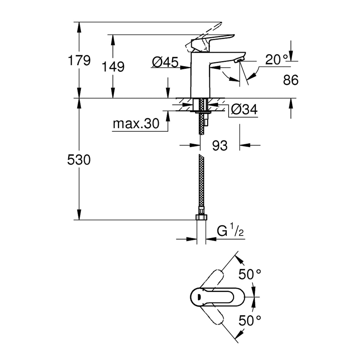GROHE BauEdge Single Lever Basin Mixer S-Size 32858000 dimensions