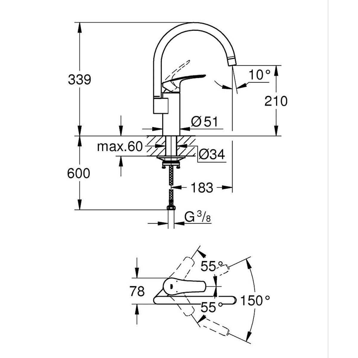 GROHE Eurosmart Single Lever Sink Mixer 33202003 dimensions