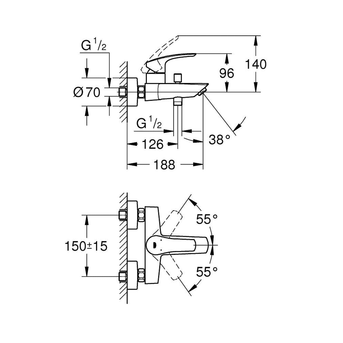 GROHE Eurosmart Single Lever Bath and Shower Mixer 33300003 dimensions