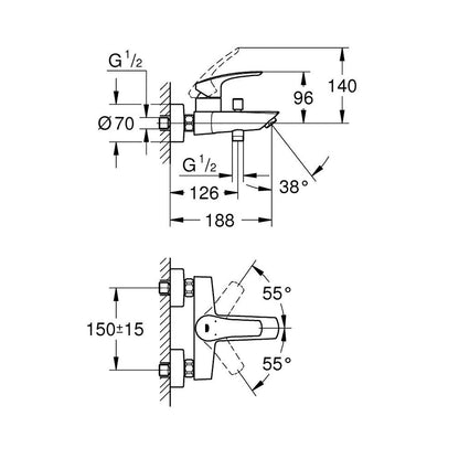 GROHE Eurosmart Single Lever Bath and Shower Mixer 33300003 dimensions