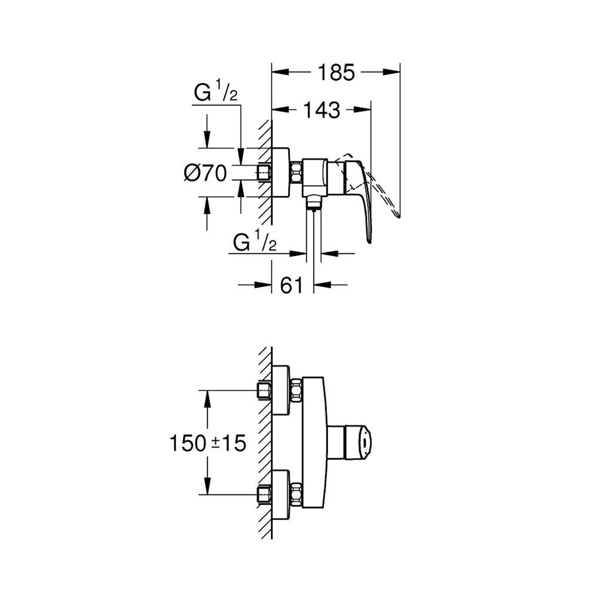 GROHE Eurosmart Single Lever Shower Mixer 33555003 dimensions