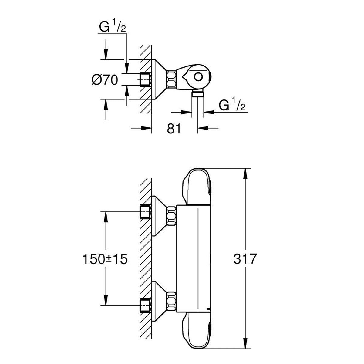 GROHE Grohtherm 1000 Thermostat Shower Mixer 34814003 dimensions