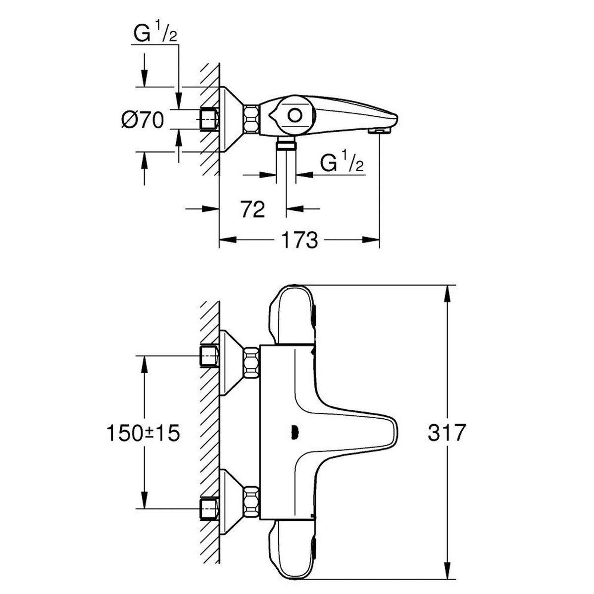 GROHE Grohtherm 1000 Thermostat Bath and Shower Mixer 34816003 dimensions