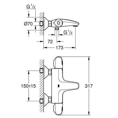 GROHE Grohtherm 1000 Thermostat Bath and Shower Mixer 34816003 dimensions