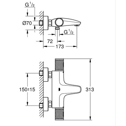 GROHE Grohtherm 1000 Performance Thermostat Bath and Shower Mixer 34830000 dimensions
