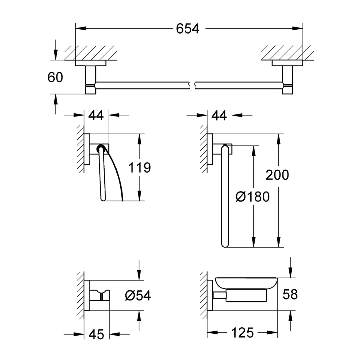 GROHE Essentials Master Bathroom Accessories Set 5-in-1 40344001 dimensions