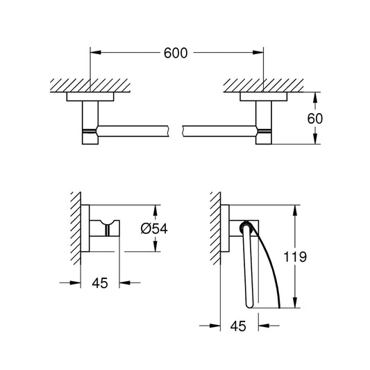 GROHE Essentials Guest Bathroom Accessories Set 3-in-1 40775001 dimensions