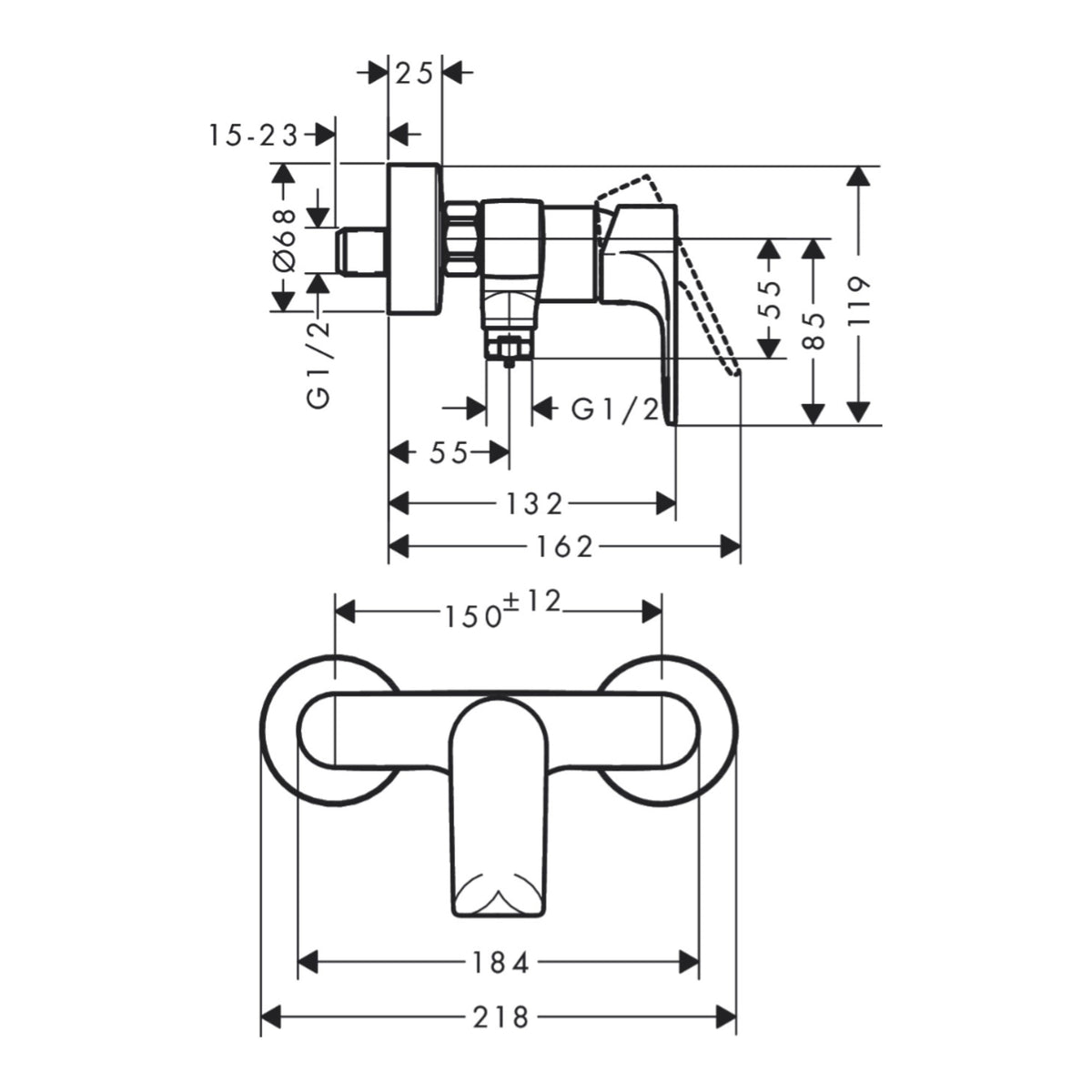 Hansgrohe Rebris E Single Lever Shower Mixer 72650009 dimensions