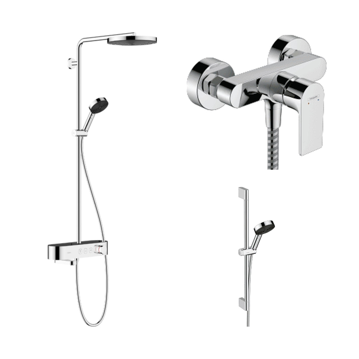 Hansgrohe Functional Bathroom Set: Pulsify S showerpipe, Rebris E shower mixer, Pulsify Select S shower set