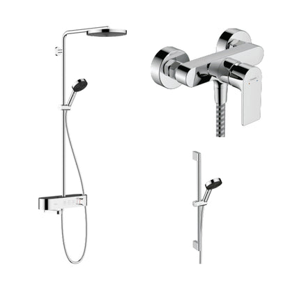 Hansgrohe Functional Bathroom Set: Pulsify S showerpipe, Rebris E shower mixer, Pulsify Select S shower set