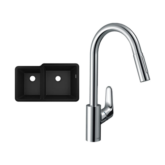 Hansgrohe Double Bowl Kitchen Bundle: S51 S510-U760 granite sink and Focus M41 pull-out mixer