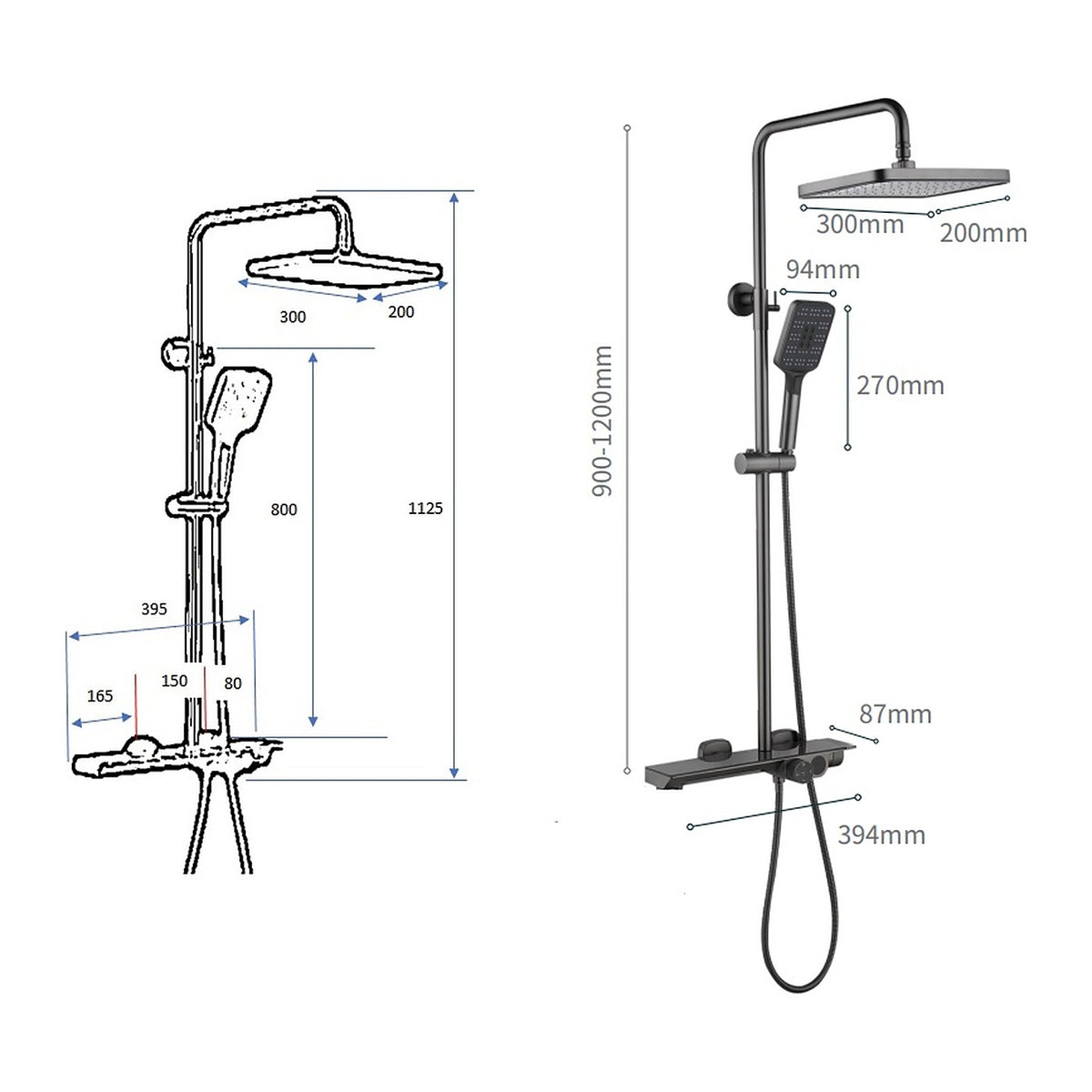 NOUS 3-Way Rainshower Set 20SA, Gun Metal dimensions