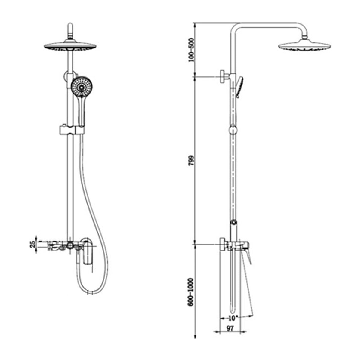 NOUS 3-Way Rainshower Set 31SA dimensions