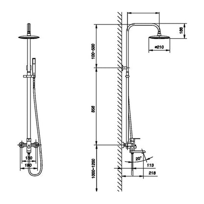 NOUS 3-Way Rainshower Set 500A, Brushed Nickel dimensions