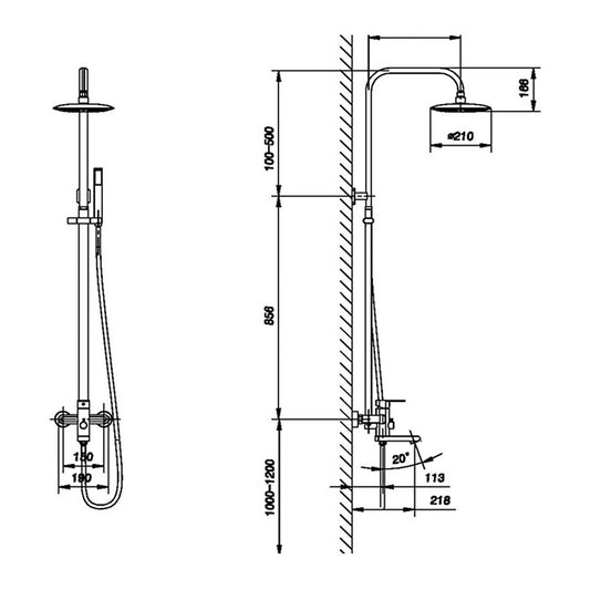 NOUS 3-Way Rainshower Set 500A, Brushed Nickel dimensions