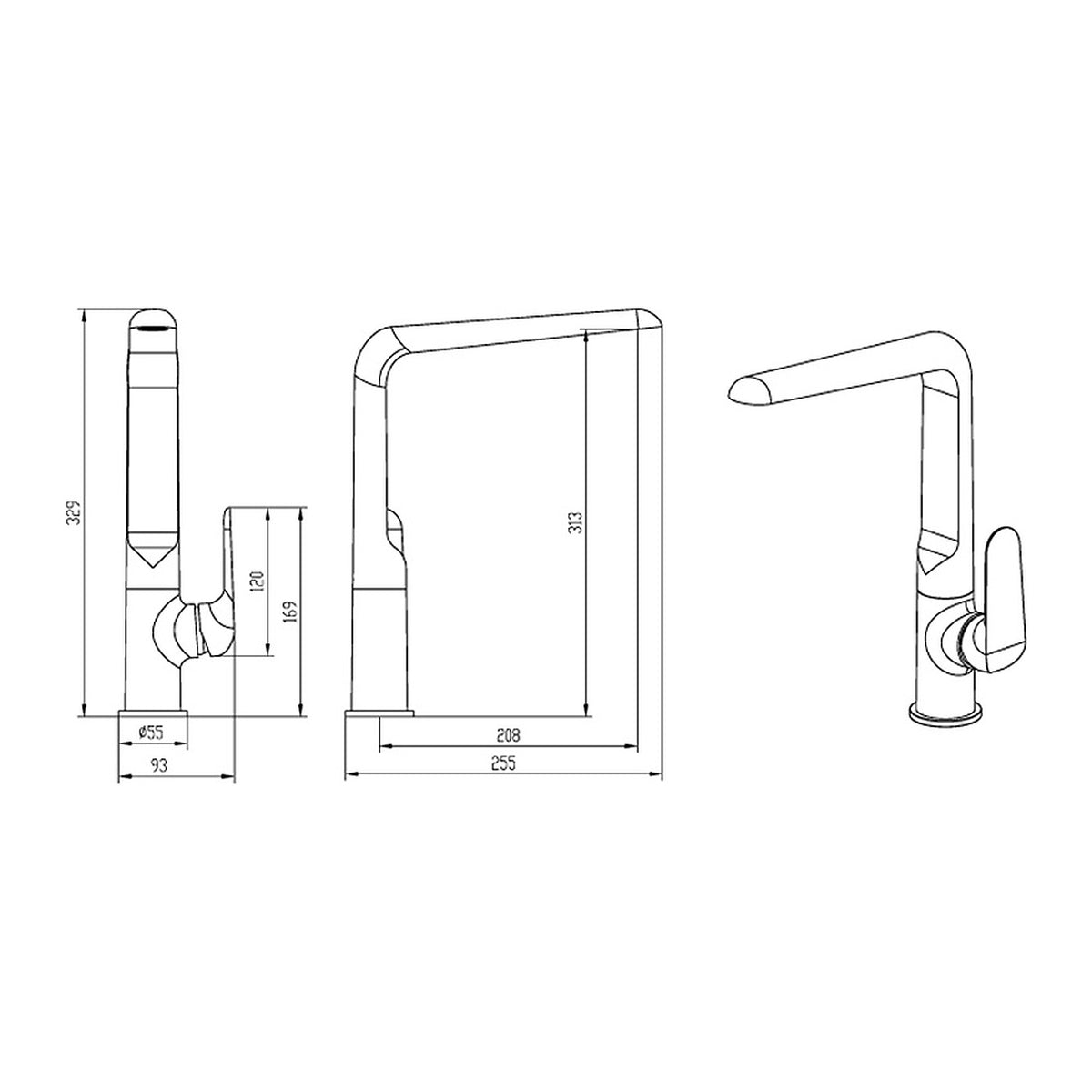 NOUS Kitchen Sink Mixer 1303 dimensions