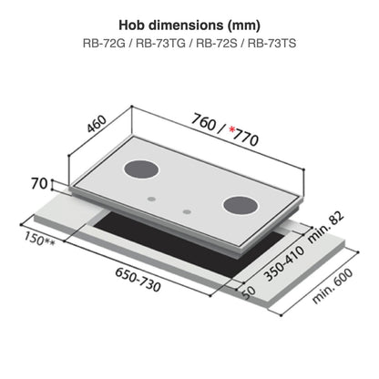 Hob dimensions: RB-72G / RB-73TG / RB-72S / RB-73TS