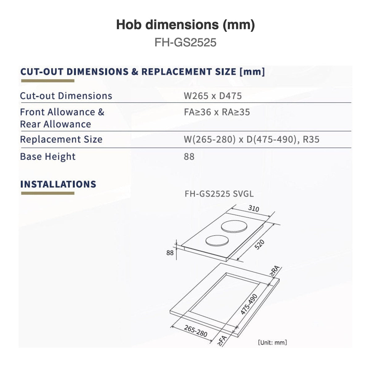 Hob dimensions: FH-GS2525